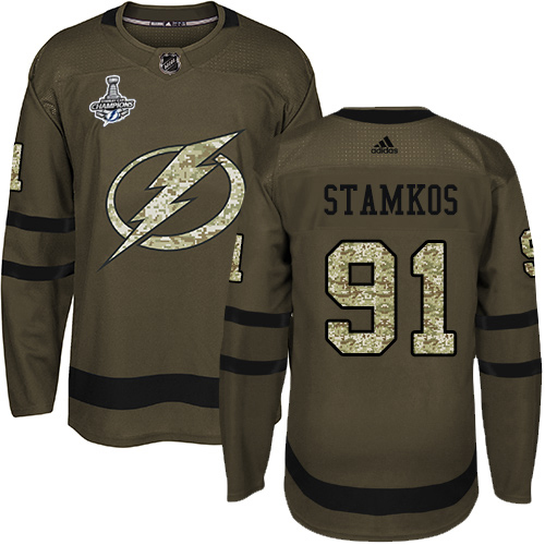 Adidas Tampa Bay Lightning #91 Steven Stamkos Green Salute to Service Youth 2020 Stanley Cup Champions Stitched NHL Jersey->youth nhl jersey->Youth Jersey